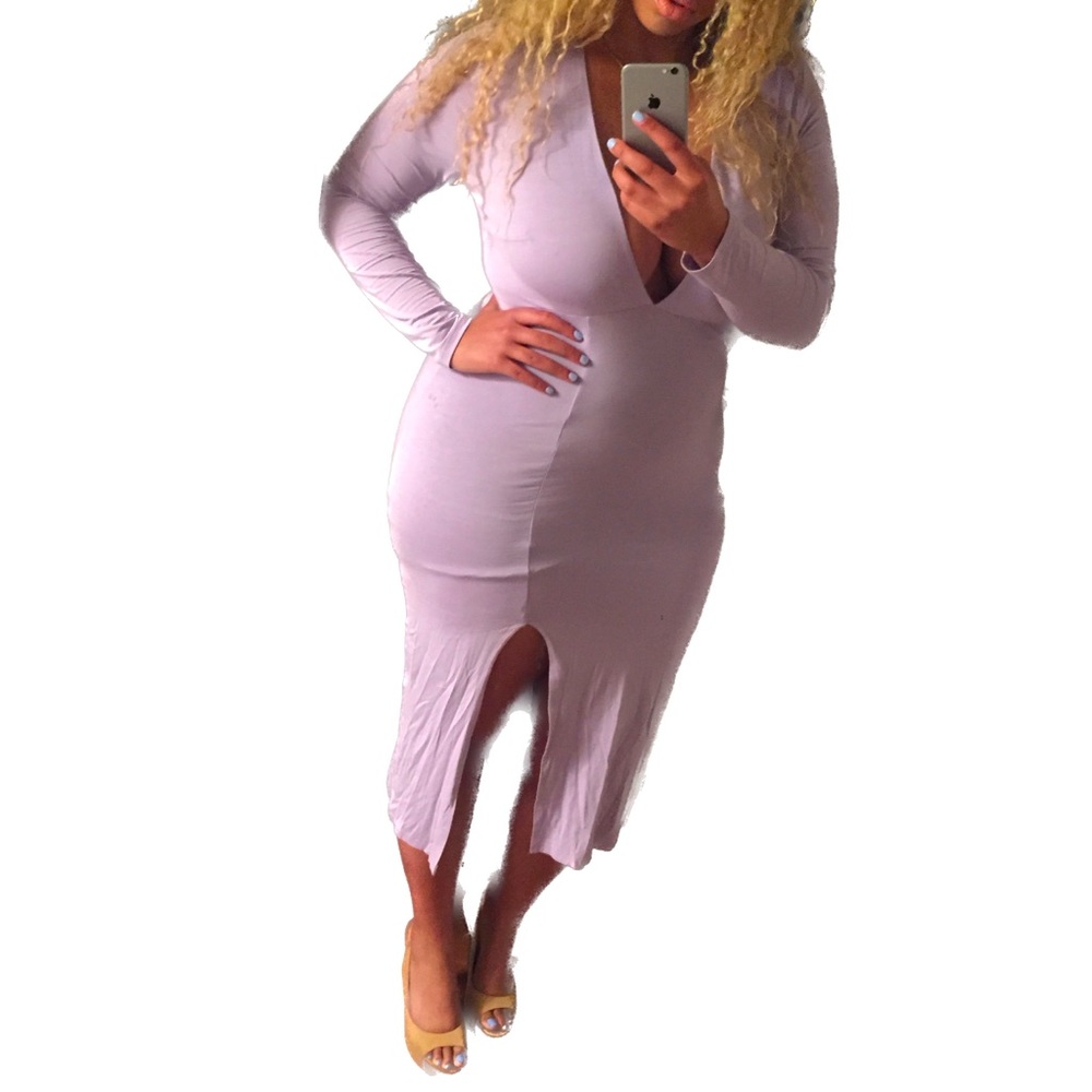 Lavender v neck midi dress with side split